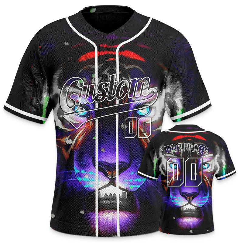 Custom Black Purple-White 3D Pattern Design Tiger And Peacock Authentic Baseball Jersey